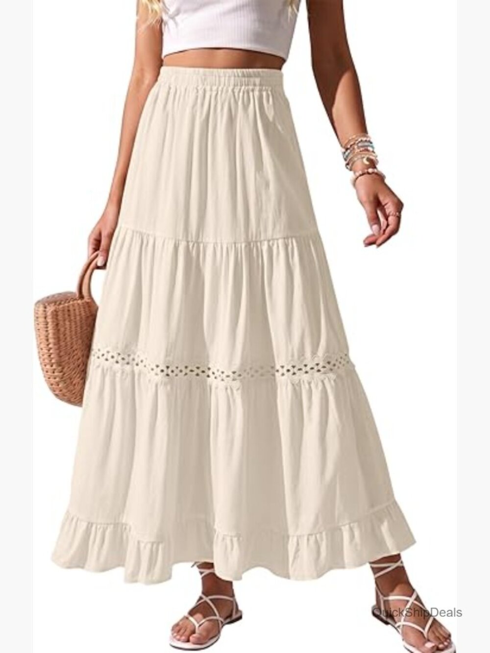 Cotton Crochet Lace High Waisted Maxi Skirt Boho A-Line Flowy Beach Vacation